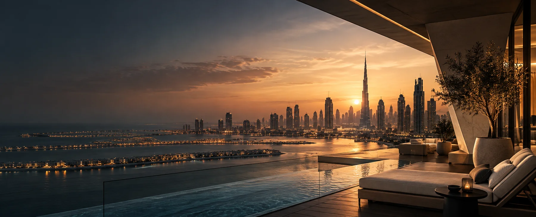 Vue de Dubaï au coucher du soleil, avec le Burj Khalifa au centre de la skyline.